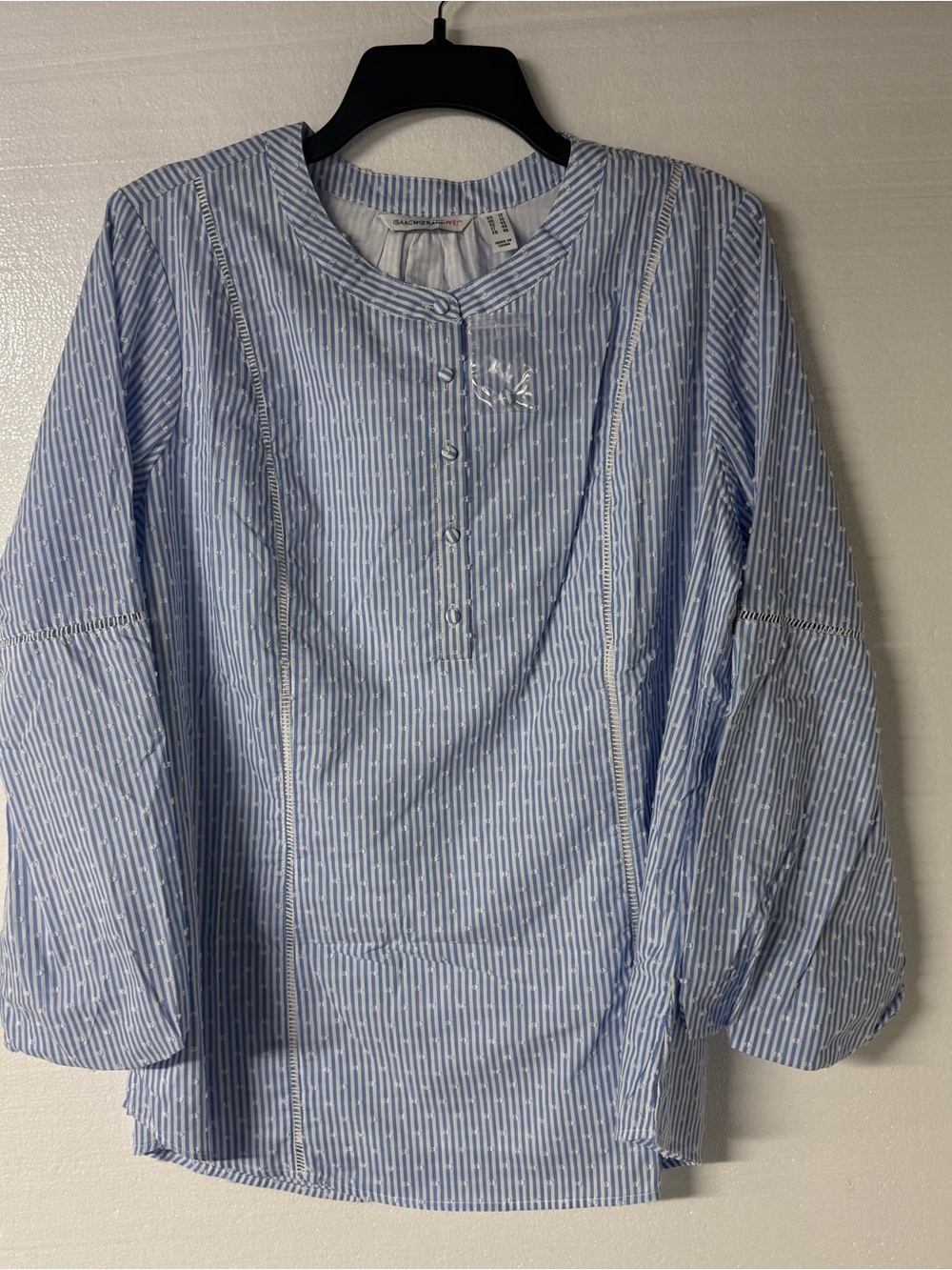 Isaac Mizrahi Top Women Size 16 Blue White Striped Swiss Dots Half Button Blouse